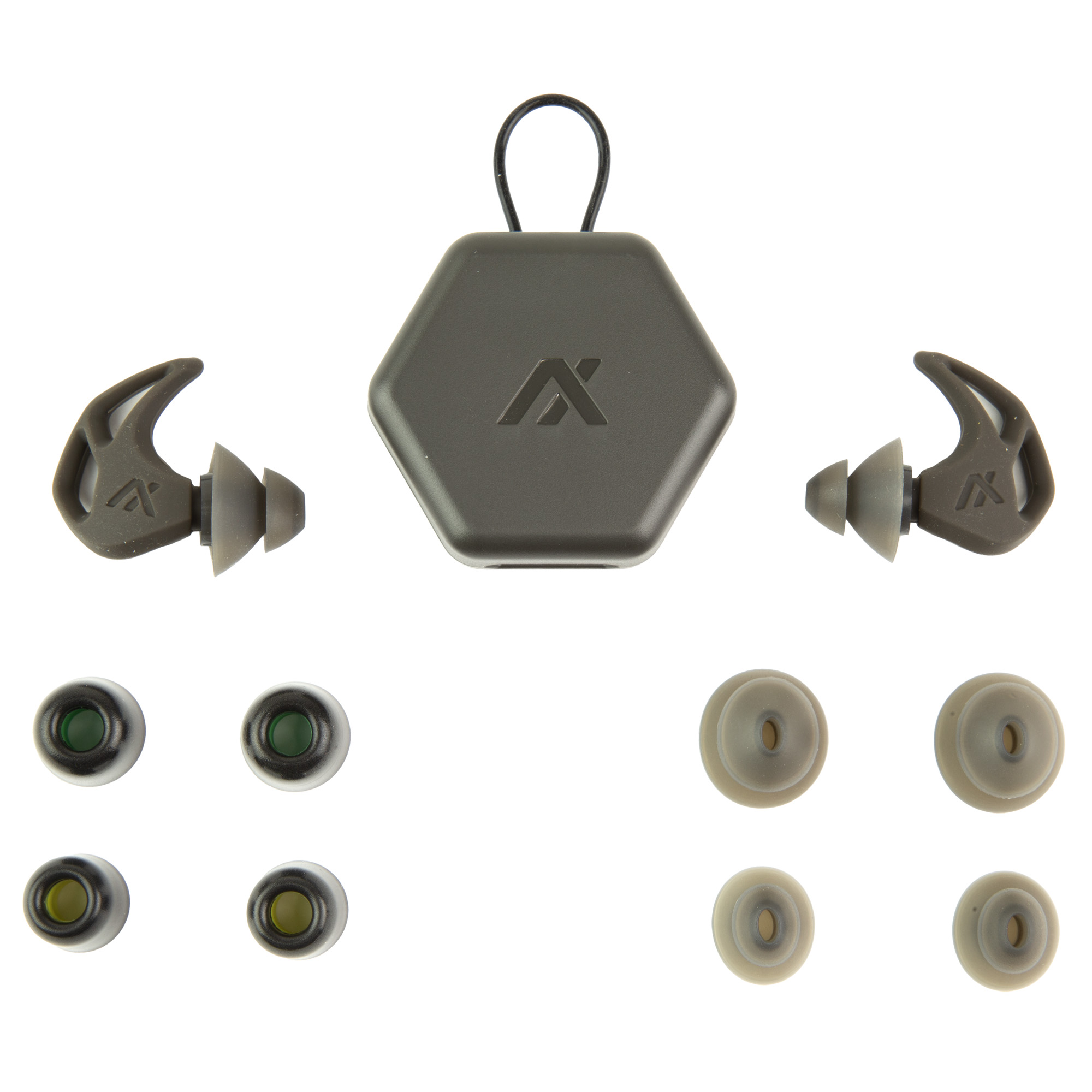 AXIL X30I charcoal earplugs with various silicon and foam tips, and a black pocket carry case, displayed on a rugged surface.