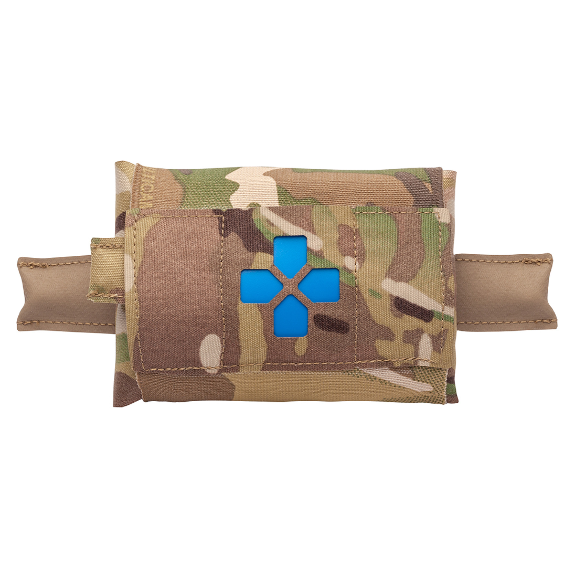 Blue Force Gear Micro Trauma Kit NOW! medical pouch in MultiCam, attached to MOLLE webbing, with pull tabs visible.