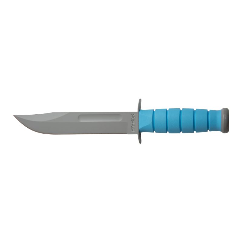 KA-BAR Knives Kbar Space-Bar fixed blade knife with a grey powder-coated 7-inch clip point blade and a blue Kraton G handle, shown in its grey hard plastic MOLLE sheath.
