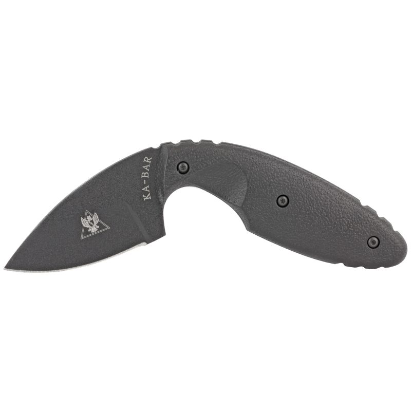 KA-BAR TDI Le Knife with a 2-inch black plain edge blade and black Zytel handle, shown with its included black nylon sheath.