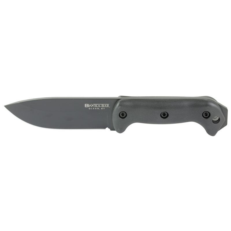 KA-BAR Knives Becker Campanion fixed blade knife with a black 5.25-inch blade and black Ultramid handle, shown with its MOLLE compatible plastic sheath.