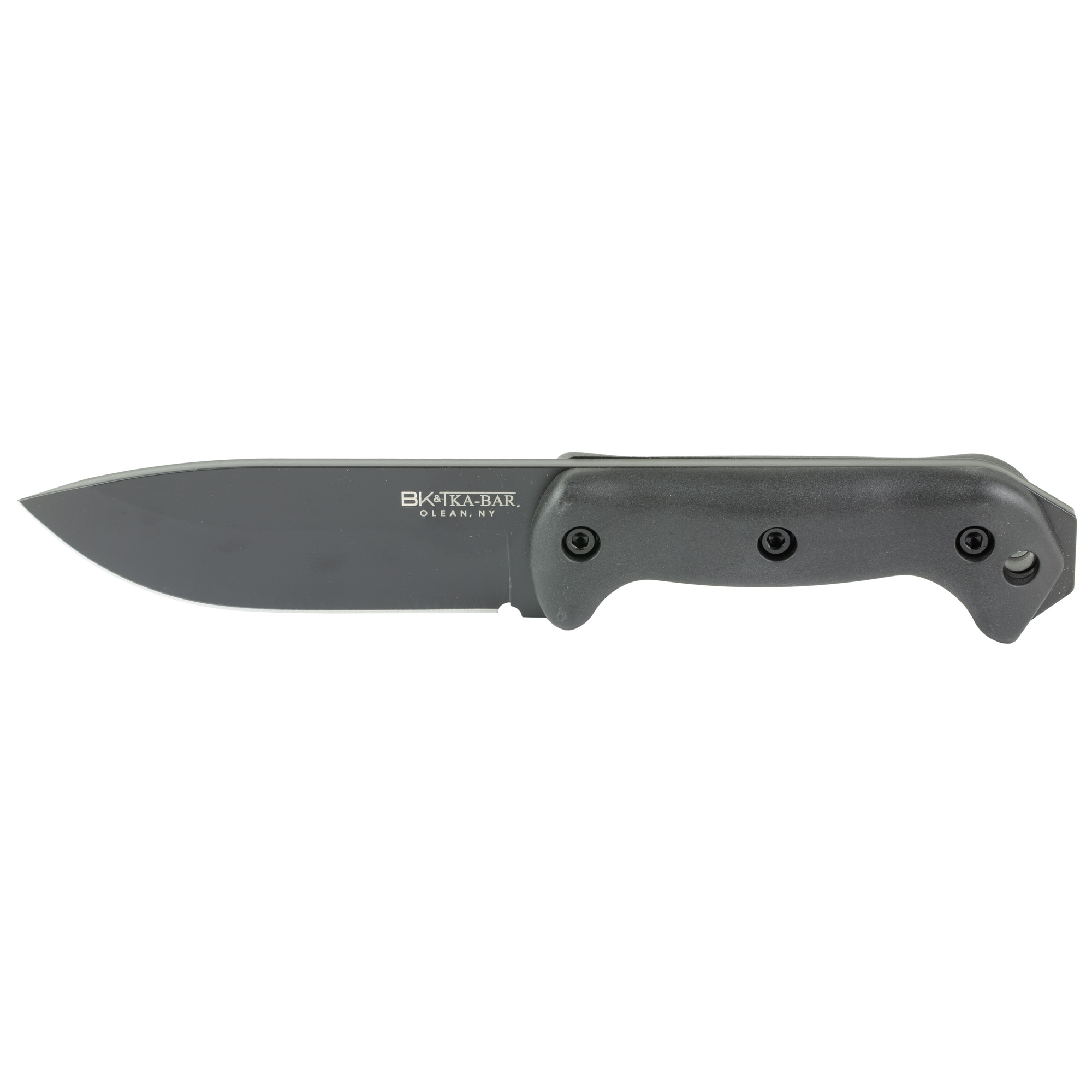 KA-BAR Knives Becker Campanion fixed blade knife with a black 5.25-inch blade and black Ultramid handle, shown with its MOLLE compatible plastic sheath.