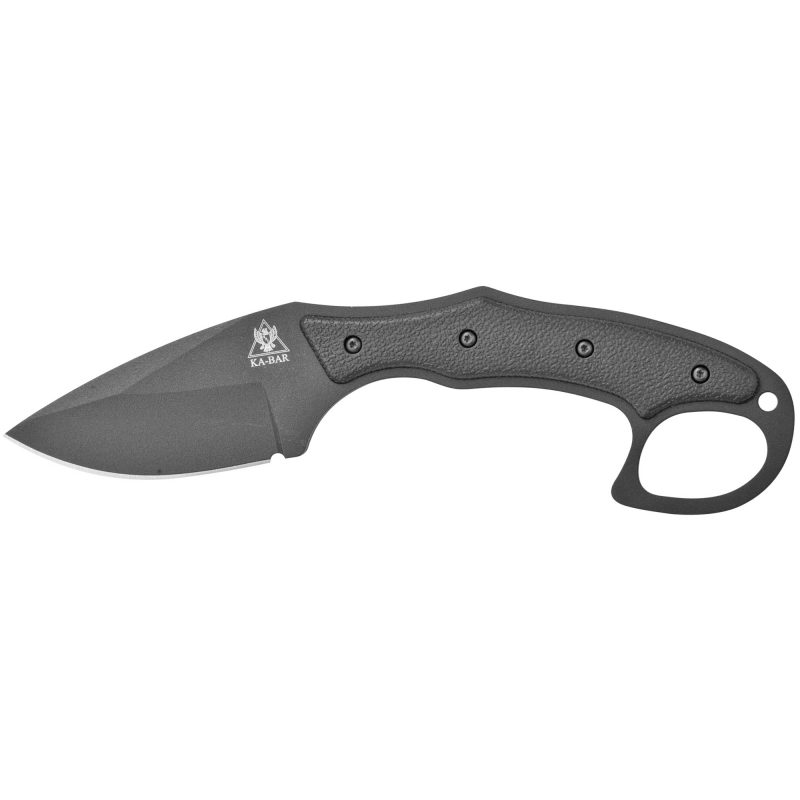 KA-BAR Knives TDI Pocket Strike fixed blade knife with black drop point AUS 8 steel blade, black nylon/fiberglass handle, and black nylon pocket sheath.