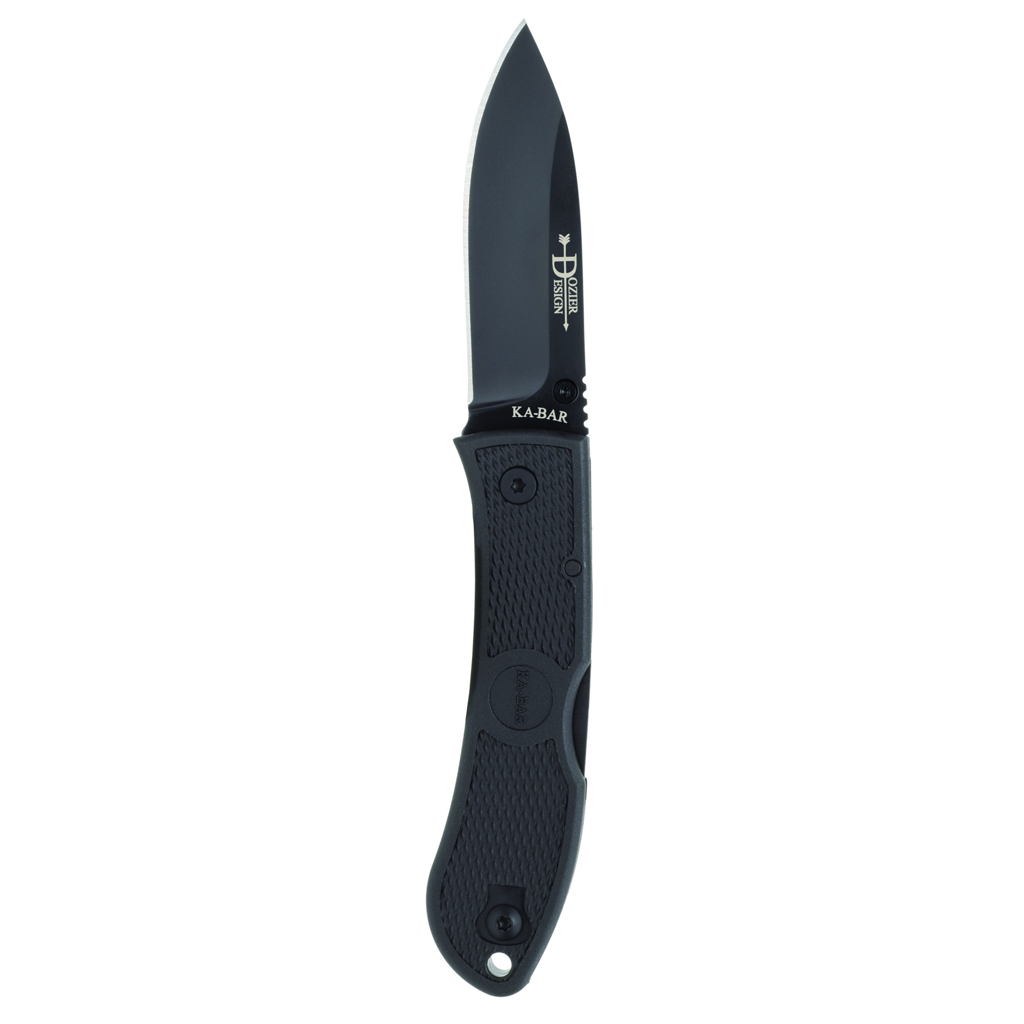 KA-BAR Knives Dozier Folding Hunter 3 inch black drop point blade with black Zytel handle, closed on a rustic background.