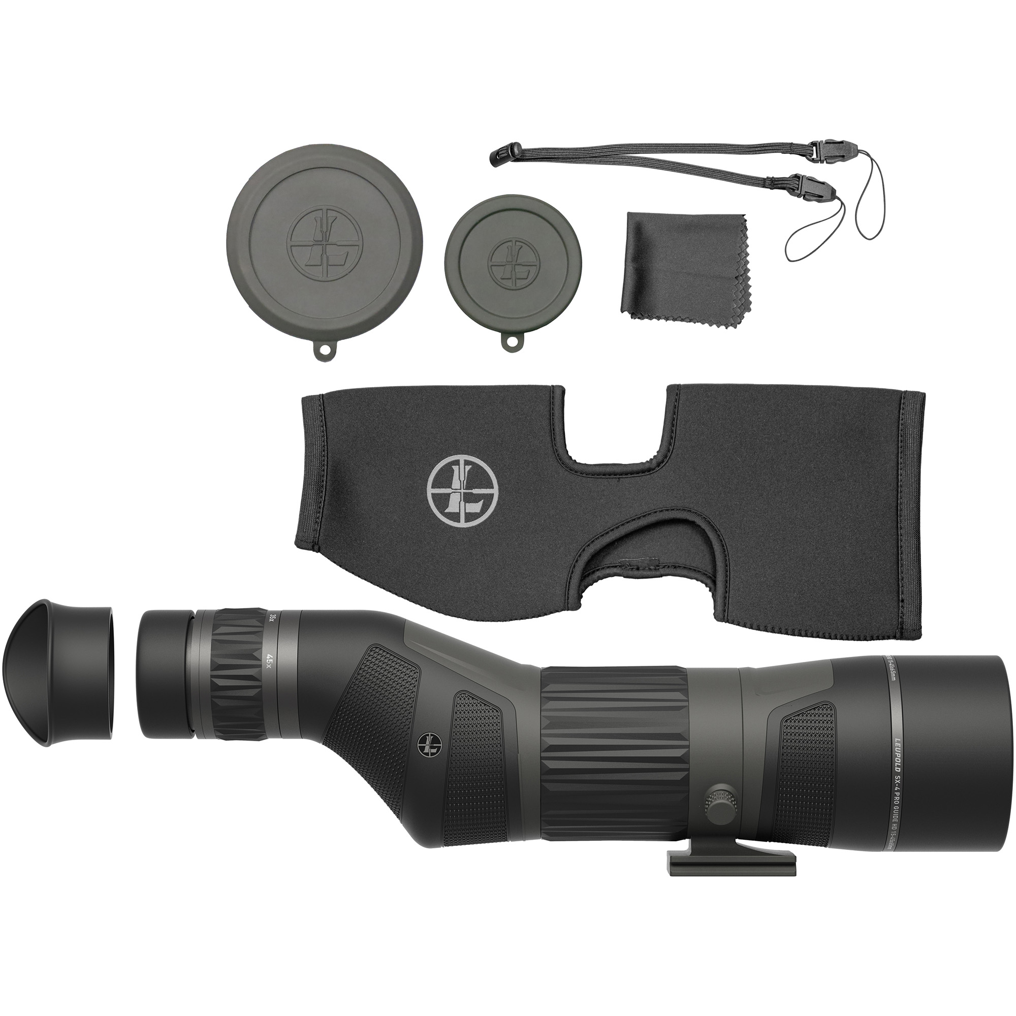 Leupold SX-4 ProGuide HD G2 15-45X65 Straight Spotting Scope in Shadow Gray, angled for viewing.
