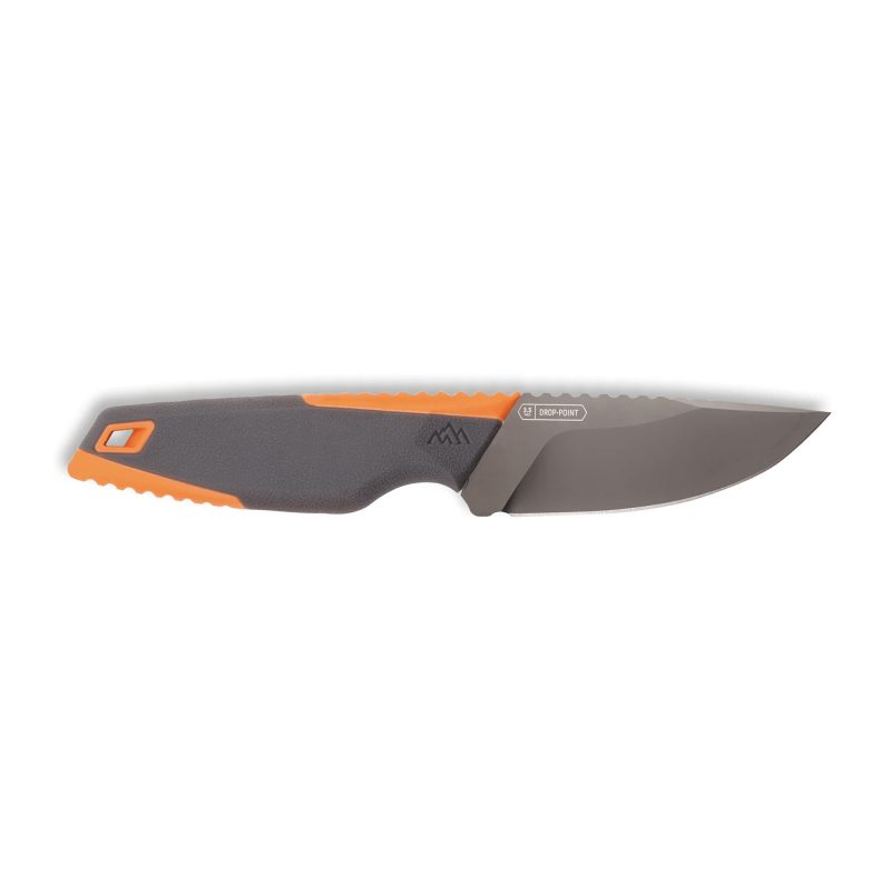 Outdoor Edge Vantex 4-inch drop point fixed blade knife with titanium-coated gray blade and gray and orange handle, shown with its sheath, ideal for ranch work in the White Mountains.