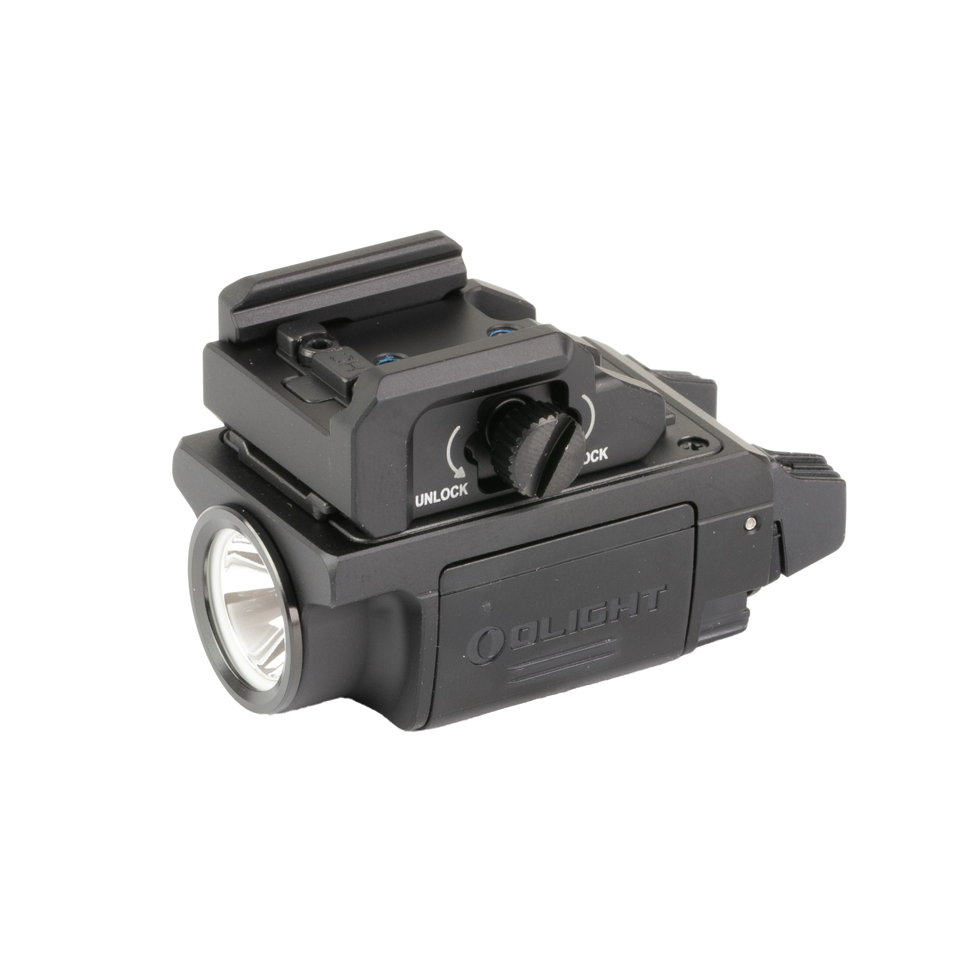 Black Olight PL-MINI 3 rechargeable weapon-mounted light with a picatinny slide rail mount, shown from the side.