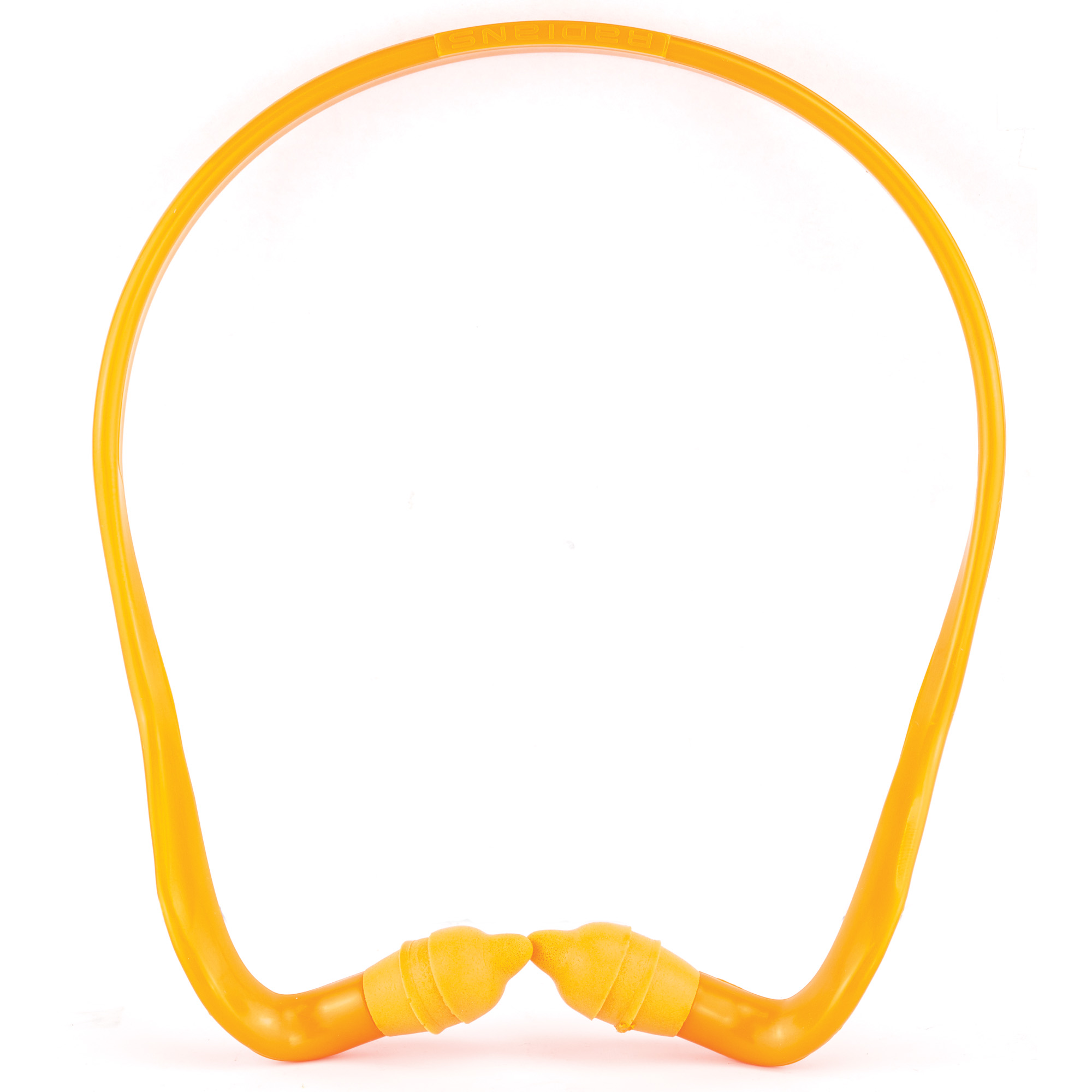 Orange Radians Radband 2 Earplugs with a flexible band and two pairs of replacement pods, shown against a neutral background.