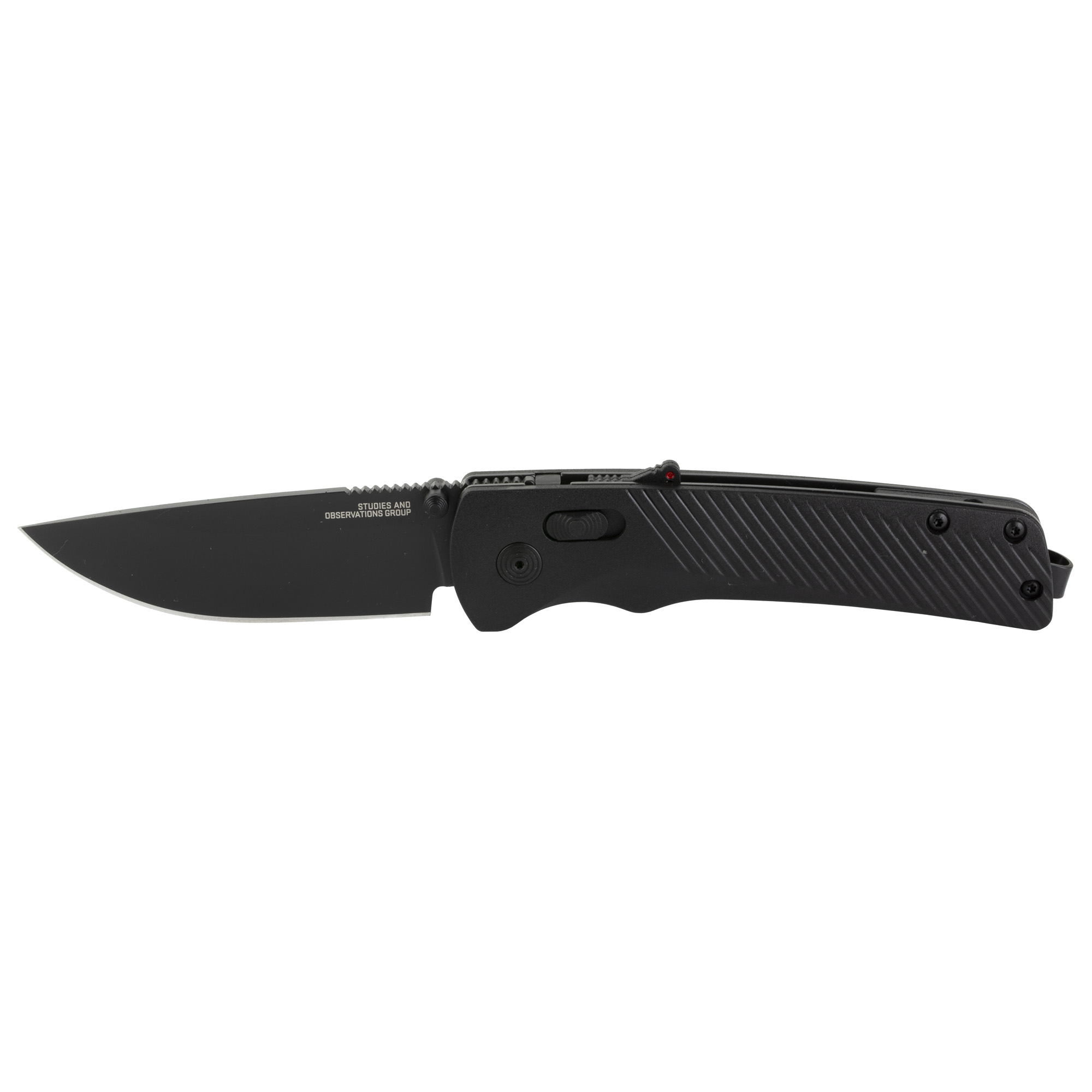 SOG Knives & Tools Flash AT Blackout folding knife, closed, showing the black GRN handle and D2 steel blade with titanium nitride finish.