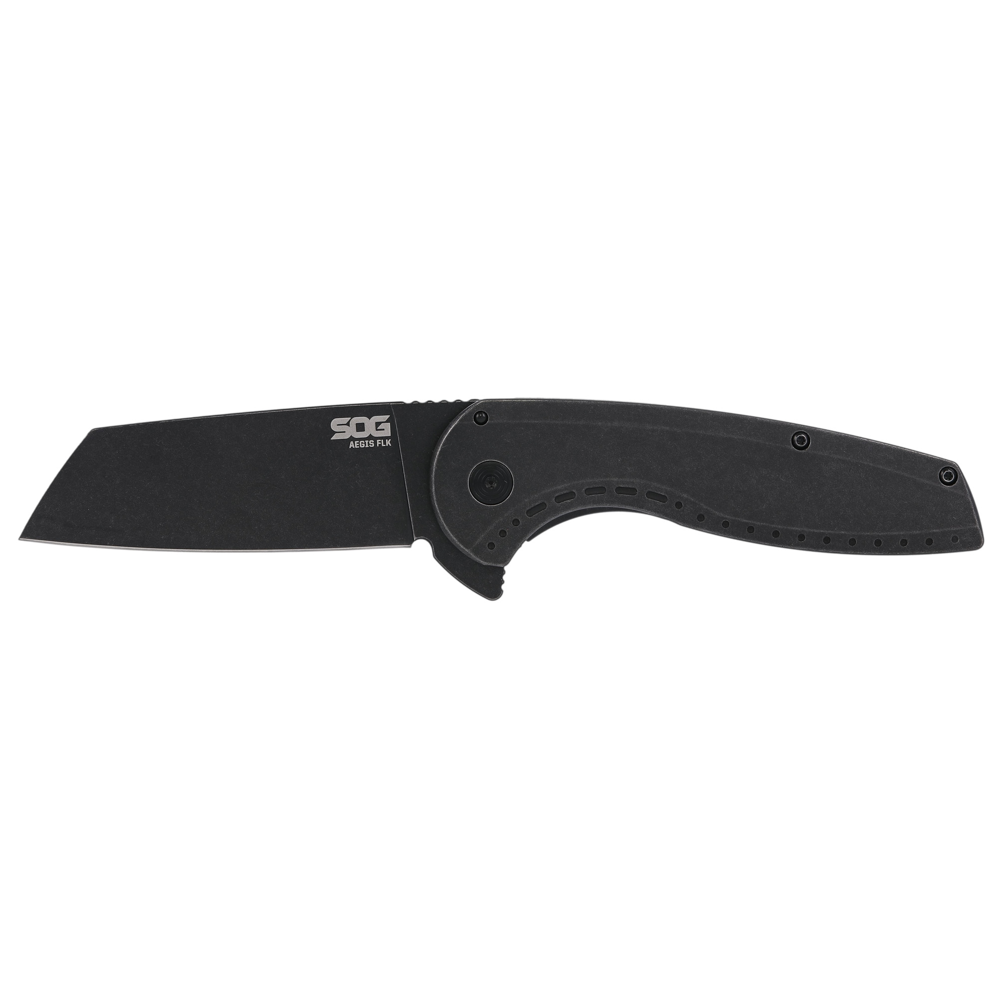 SOG Knives & Tools Aegis FLK 2.0 folding knife with a black 3.25-inch Wharncliffe blade and black stainless steel handle, shown open on a rugged surface.