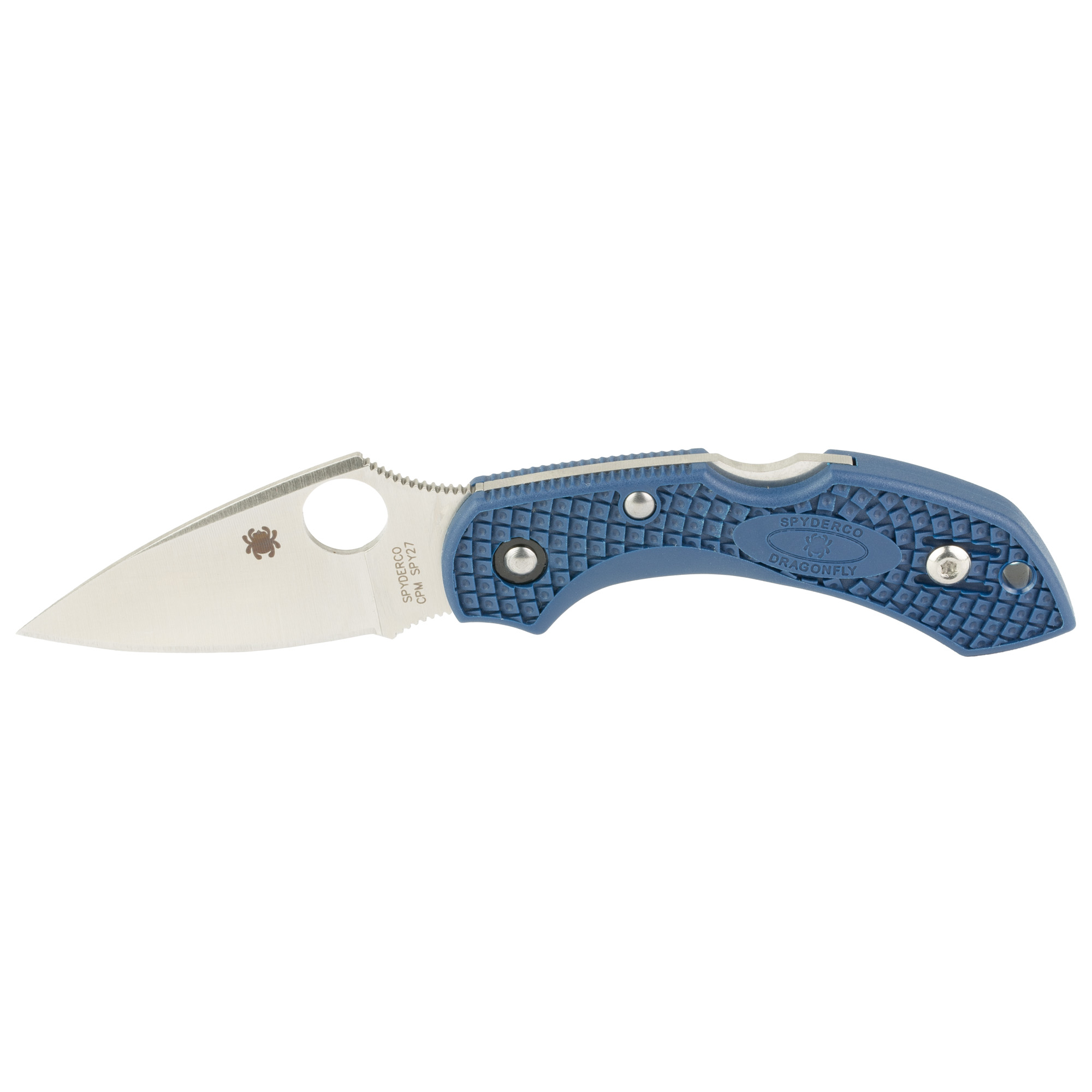 Spyderco Dragonfly 2 folding knife with a satin-finished drop point blade and a cobalt blue FRN handle, shown open on a rustic surface.
