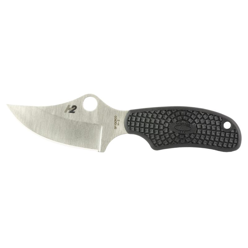 Spyderco ARK Lightweight fixed blade knife with a black H-2 steel blade and black textured FRN handle, shown with its black sheath.